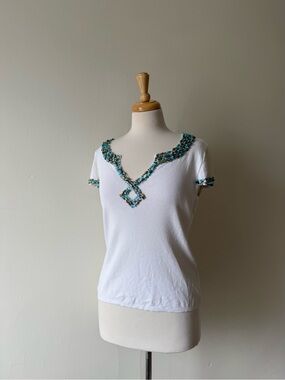 Bella Beaded Boho Knit Top White Turquoise Embellished